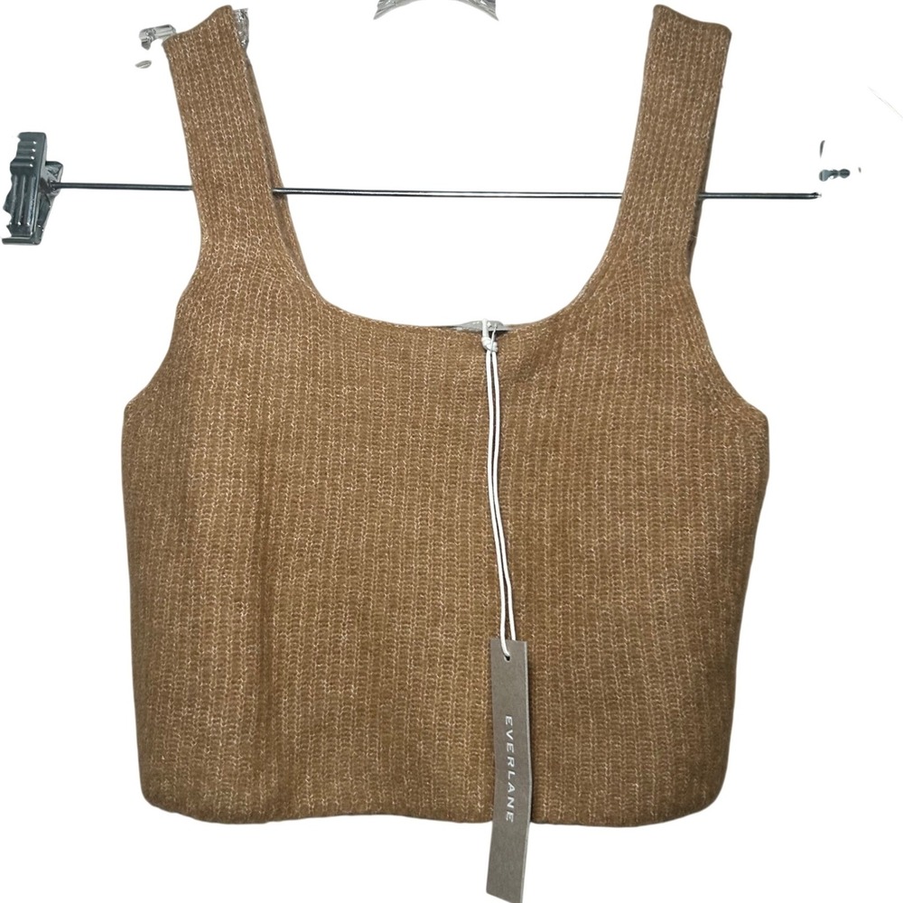 Everlane Cozy Stretch Tank Ribbed Knit Square Neck Camel Brown Cropped Size XXS